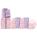 Set with jojoba, vanilla and almond oil: souvenir boxes, bath sponge, shower gel cream, 100 ml, shower gel, 100 ml, hand cream, 50 ml, body lotion, 50 ml, bath salt , 25 g