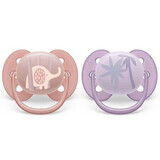 Philips Avent Ultra Soft Soothers, 0-6 months, 2 pieces, Pink and Purple with Drawing, SCF091/09, Philips