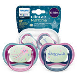 Avent Ultra Air Nighttime, ciuccio, silicone, simmetrico, fosforescente, bambina, SCF376/14, 6-18 mesi, 2 pezzi