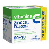 Vitamina C 1000 mg + Zn 25 mg + D3 4000 UI, 60 + 10 compresse rivestite con film, Fiterman