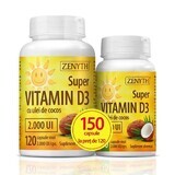 Confezione Super Vitamina D3 con olio di cocco 2000UI, 120 + 30 capsule, Zenyth