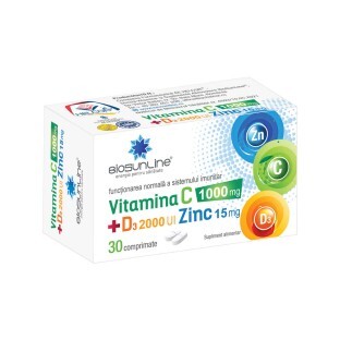 Vitamina C 1000 mg + D3 2000 UI + Zinco 15 mg, 30 compresse, Helcor