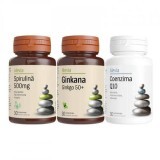 Confezione Spirulina 500 mg, 30 compresse + Ginkana Ginkgo 50+, 30 compresse + Coenzima Q10, 30 compresse, Alevia