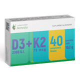 Vitamina D3 2000 UI + Vitamina K2 75 mcg, 40 compresse rivestite con film, Remedia