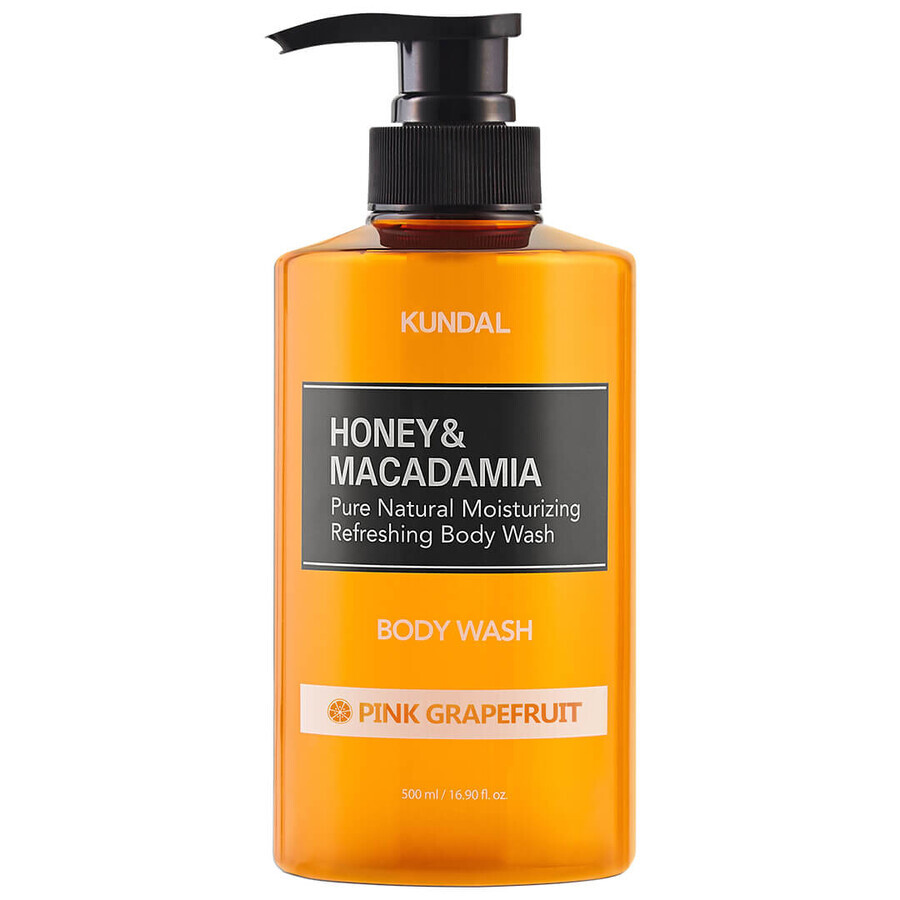 Gel doccia idratante naturale con miele e macadamia, pompelmo rosa, Kundal, 500 ml