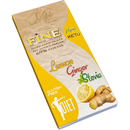 Diet dark chocolate with Lemon, Ginger and Stevie, 69% cocoa, 80 g, Milete