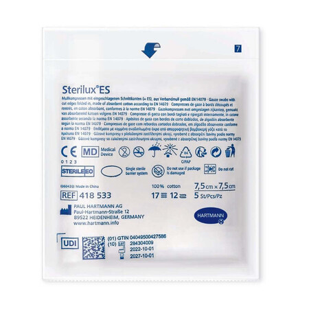 Sterilux ES sterile gauze pads, 7.5 cm x 7.5 cm, 1 piece, Hartmann