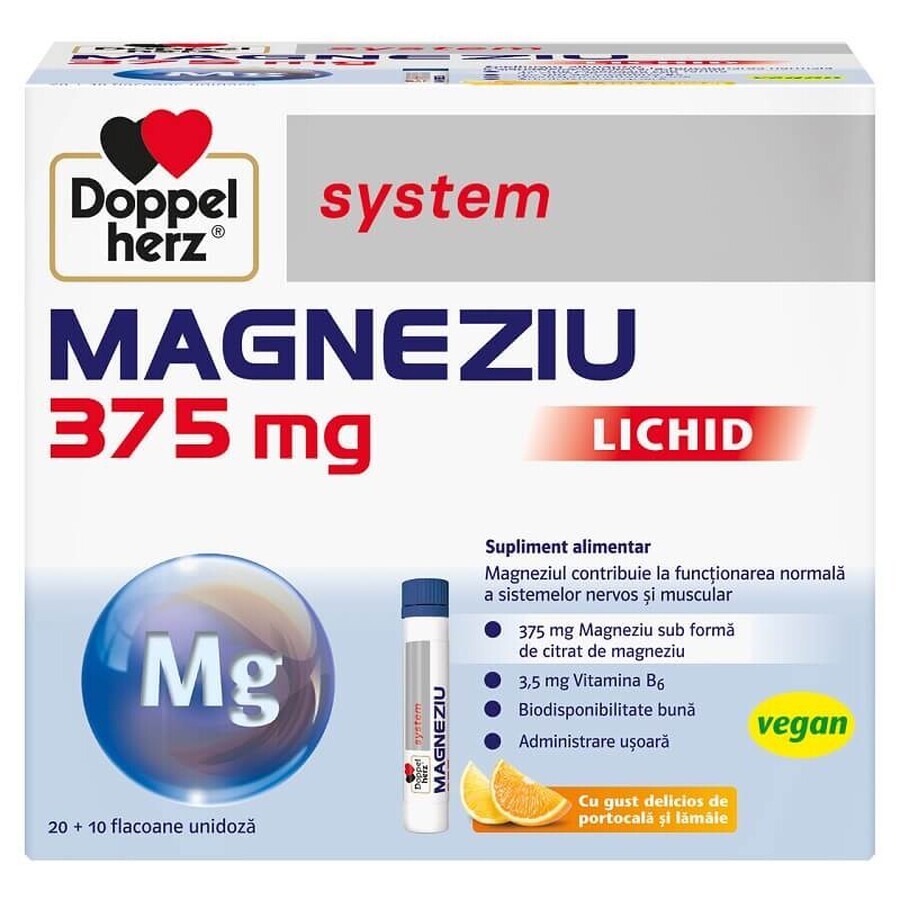 Liquid Magnesium System, 375 mg, 30 vials, Doppelherz (vegan)