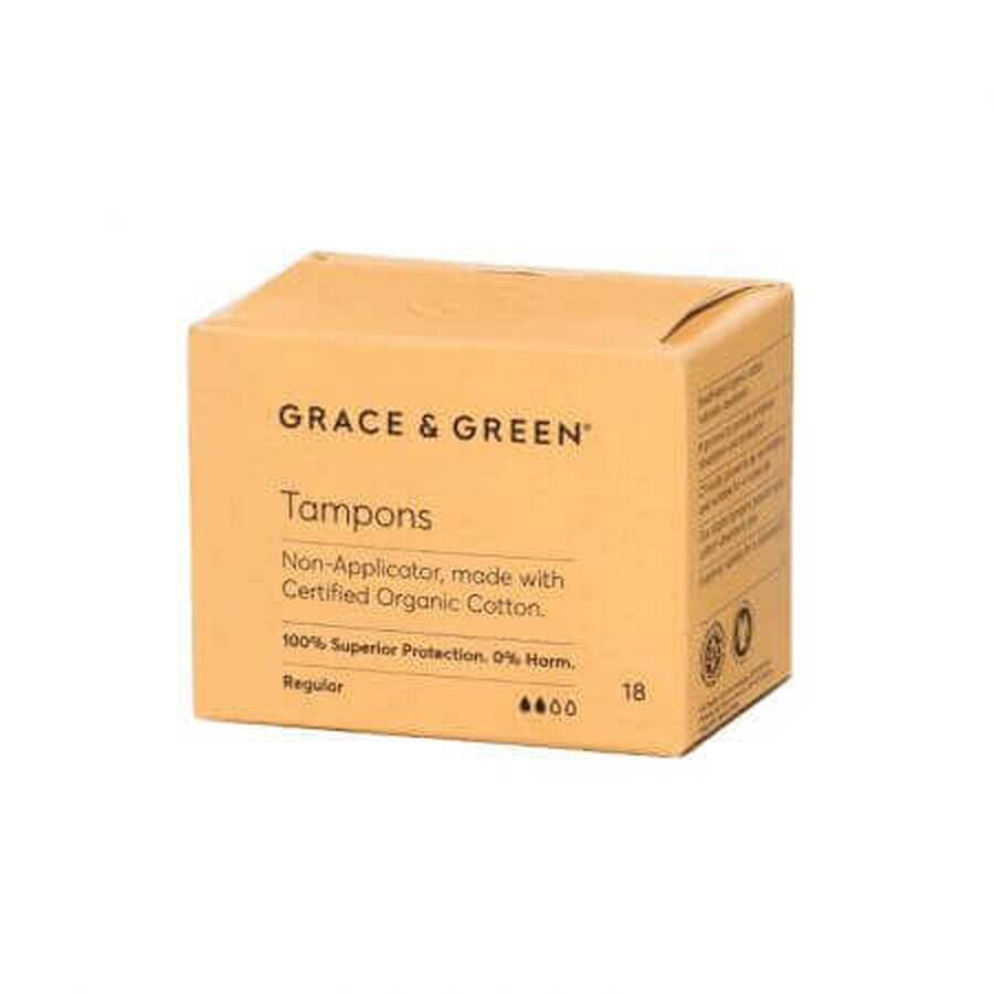 Tampoane din bumbac organic fara aplicator, Normal, 18 bucati, Grace and Green