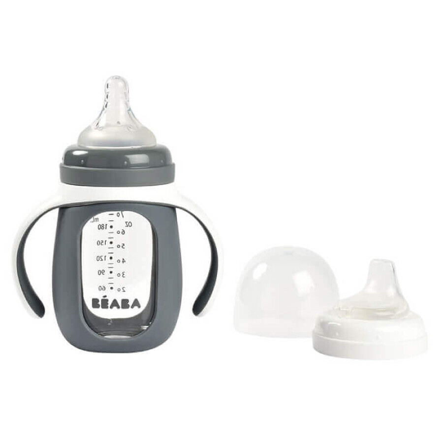 Biberon in vetro 2 in 1 per l'apprendimento, 210 ml, Mineral Grey, Beaba