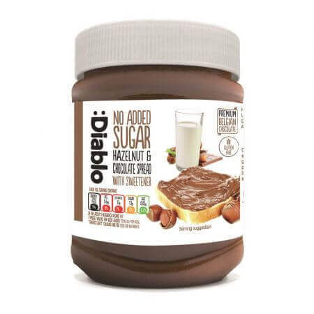 Cioccolato spalmabile al latte e nocciole senza zucchero, 350 g, Diablo