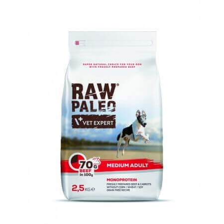 Cibo secco con manzo per cani di taglia media Raw Paleo Beef Adult Medium, 2,5 kg, VetExpert