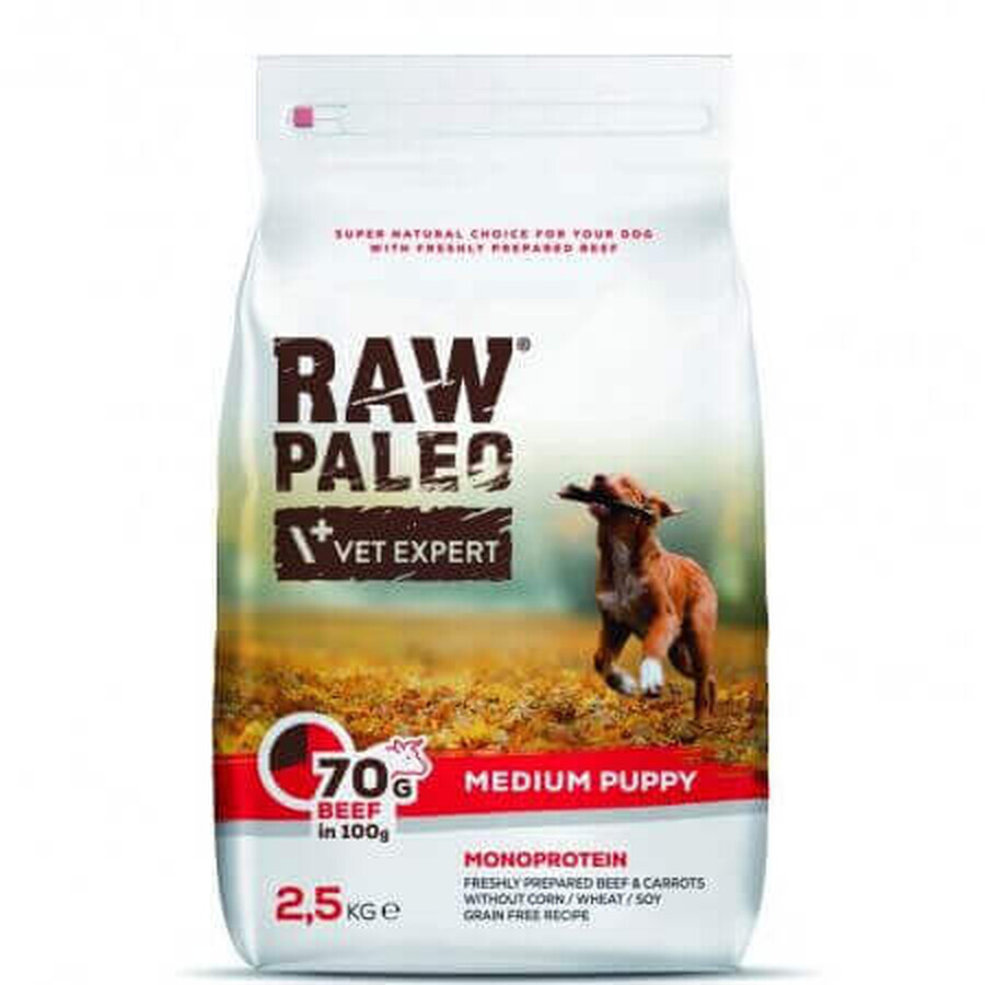 Cibo secco con manzo per cani Raw Paleo Beef Puppy Medium, 2,5 kg, VetExpert
