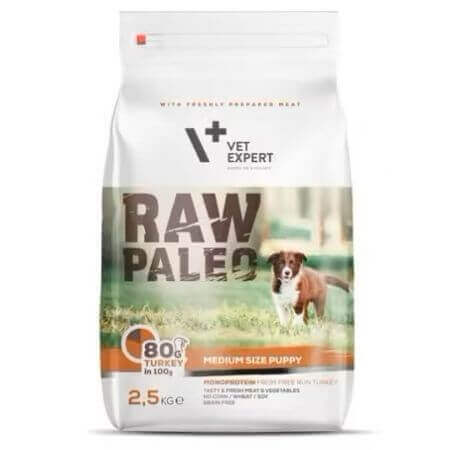 Alimento secco con tacchino per cani di razza media Puppy Raw Paleo, 2,5 Kg, VetExpert