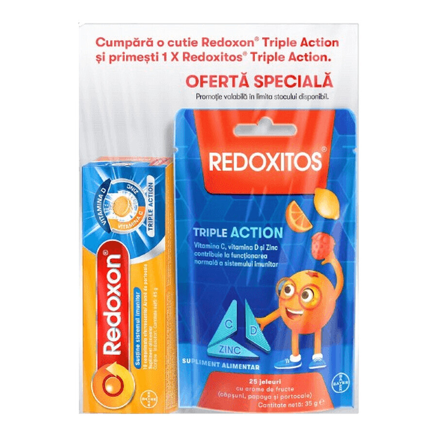 Confezione Redoxon Tripla Azione Vitamina C, D e Zinco, 10 compresse + Gelatine Vitamina C 30 mg Redoxitos Tripla Azione, 25 pezzi, Bayer