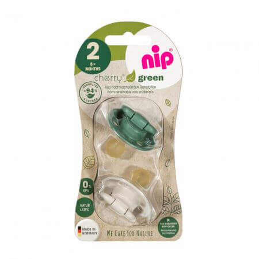 Set di 2 ciucci con tettarella in lattice naturale Cherry Green Boy, 6+ mesi, Nip