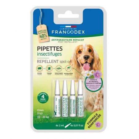 Pipette repellenti antiparassitarie con geraniolo per cani tra 10-20 kg, 4 X 2 ml, Francodex