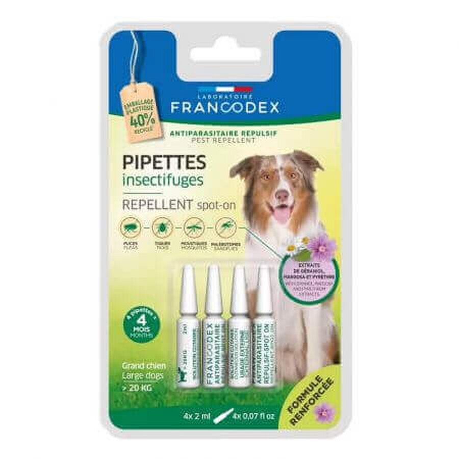 Pipette repellenti antiparassitarie con geraniolo per cani sopra i 20 kg, 4 X 2 ml, Francodex