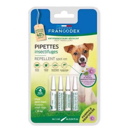 Pipette repellenti antiparassitarie con geraniolo per cani sotto i 10 kg, 4 X 1 ml, Francodex