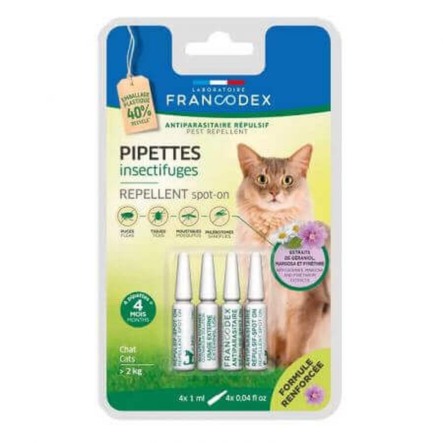 Pipette repellenti antiparassitarie con geraniolo per gatti sotto i 2 kg, 4 X 1 ml, Francodex