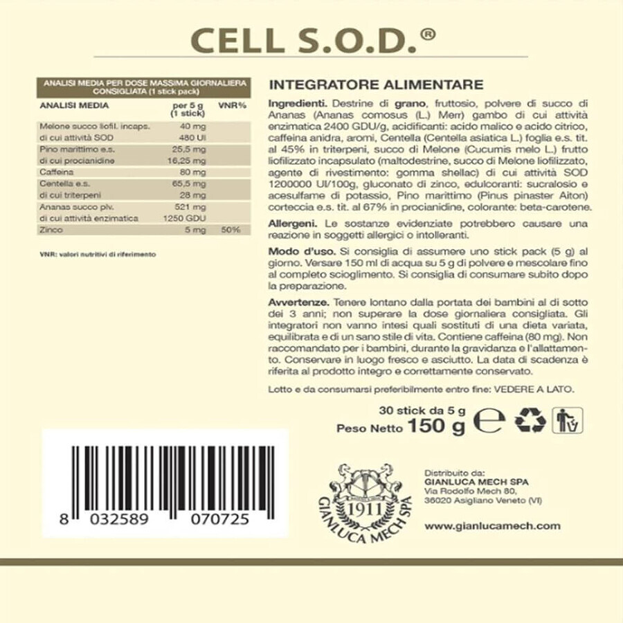 Draining and toning food supplement Gianluca Mech Cell SOD 30x5gr