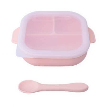 Piatto con ventosa, coperchio e cucchiaio in silicone, Pale Pink, Oaki