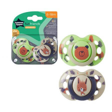 Suzete ortodontice Fun, 6 - 18 luni, Verde / Bej, 2 buc, Tommee Tippee