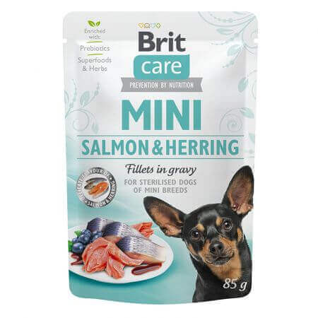 Alimento umido con salmone per cani sterilizzati Filetti in Salsa Mini, 85 g, Brit