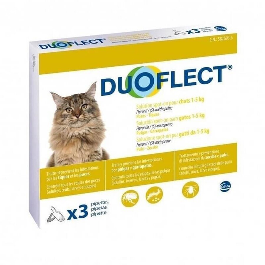 Soluzione antiparassitaria spot on per gatti di peso compreso tra 0,5 e 5 kg Duoflect, 3 pipette, Ceva Sante