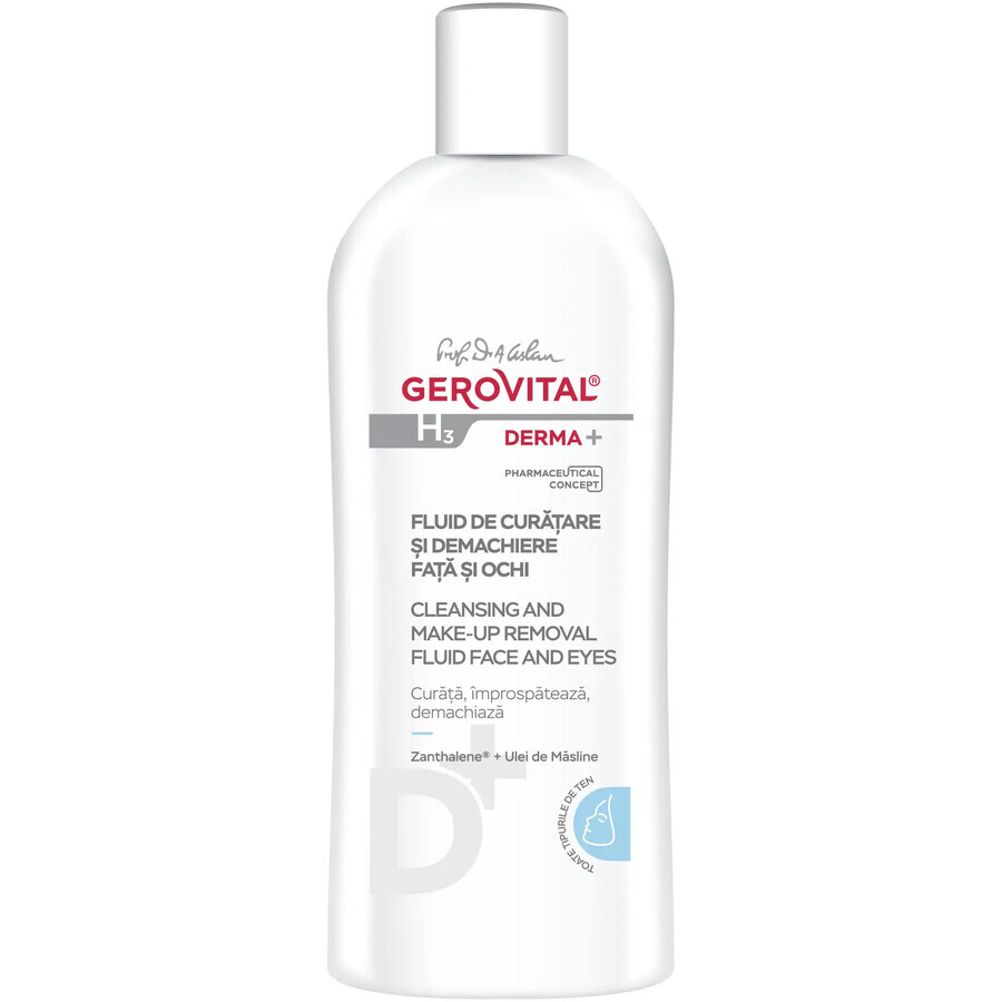 Gerovital H3 Derma+ líquido limpiador y desmaquillante para cara y ojos, 200 ml, Farmec