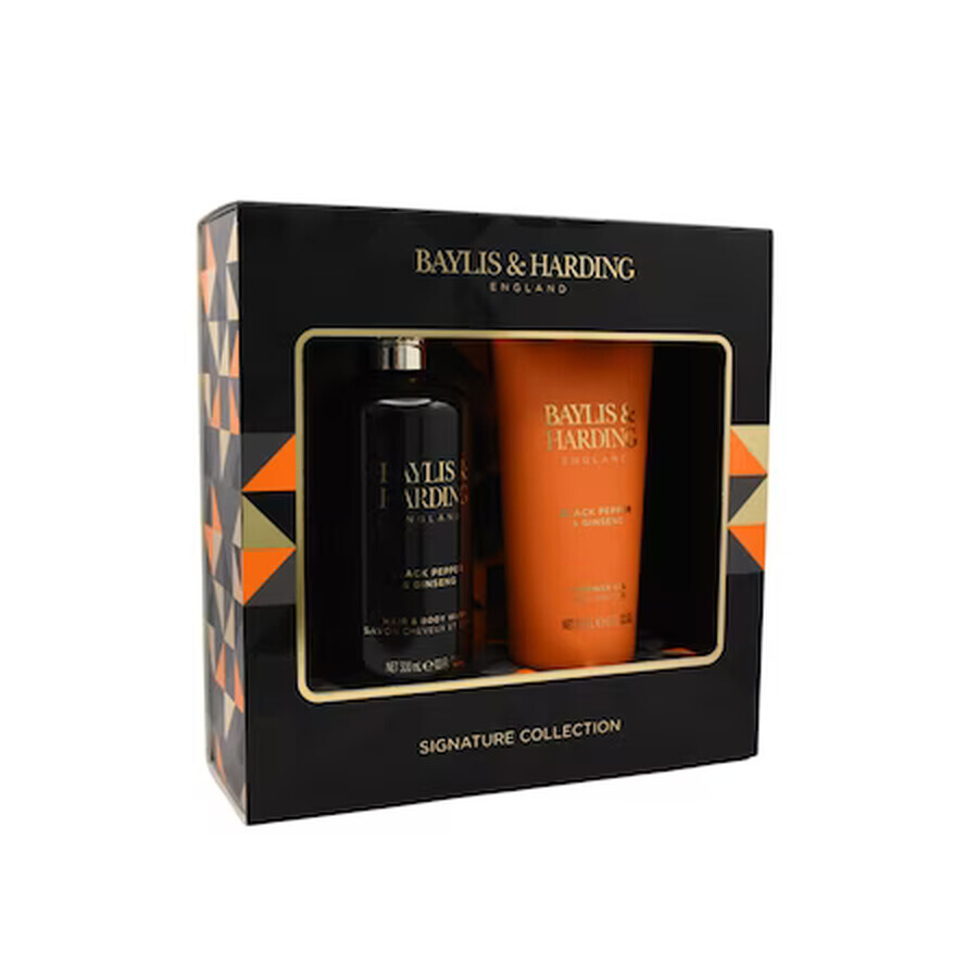 Set da 2 Baylis & Harding, Uomo, Gel doccia 200 ml, Shampoo corpo e capelli 300 ml, Estratto di pepe nero, Zenzero