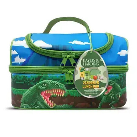 Set dinosauri: borsa per il pranzo con stampa di dinosauri, spugna da bagno dinosauro, schiuma da bagno, 100 ml, pallina da bagno effervescente, 4 palline x 20 g, shampoo, 30 ml, BAYLIS & HARDING