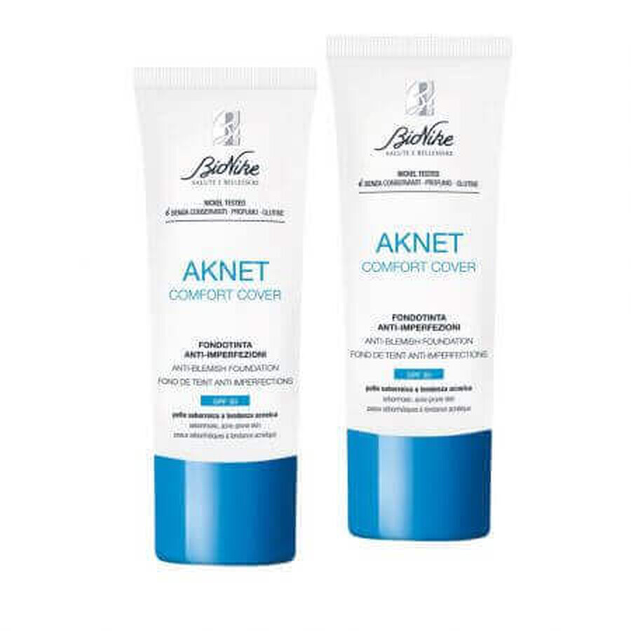 Pachet Fond de ten pentru tenul acneic Aknet Comfort Cover nuanta 102 sable, SPF 30, 2x30 ml, BioNike