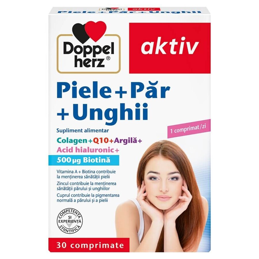 Pelle + Capelli + Unghie, Collagene + Q10 + Argilla + Acido Ialuronico + Biotina, 30 compresse, Doppelherz