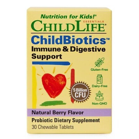 Integratore per riequilibrare la flora intestinale e sostenere il sistema immunitario ChildBiotics Immune and Digestive Support Childlife Essentials, 30 compresse masticabili, Secom