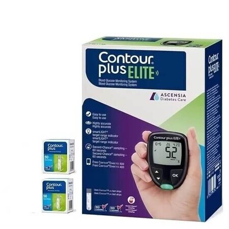 2 x test della glicemia Contour Plus, 50 pezzi + glucometro Contour Plus Elite, 1 pezzo