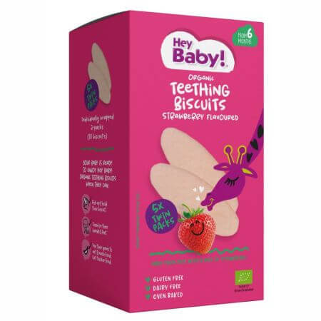 Biscotti biologici per la dentizione con fragole, +6 mesi, 20g, Hey Baby