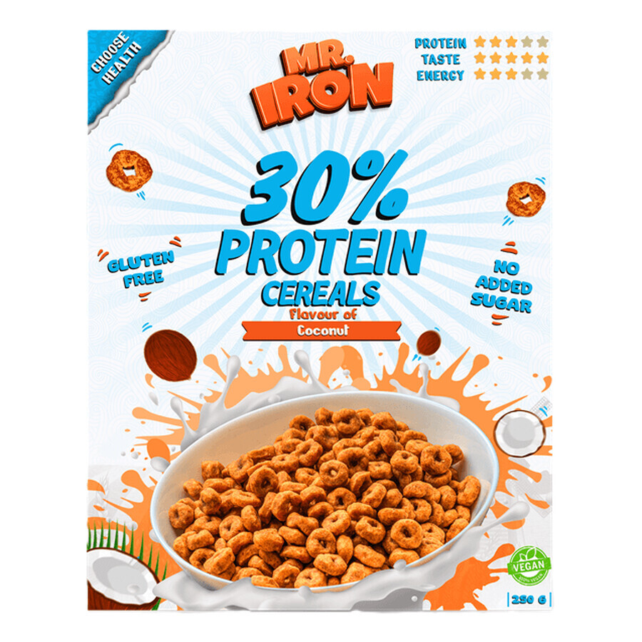 Cereali proteici al cocco, vegani, senza zucchero e senza glutine, 250 g, Mister Iron