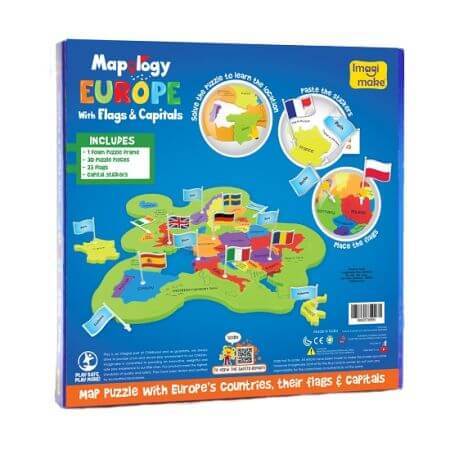 Mappa educativa dell'Europa con bandiere e capitali, +5 anni, Imagimake