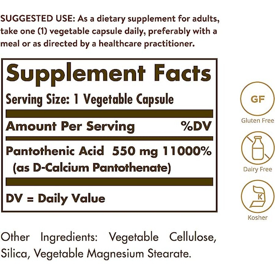 Pantotheenzuur Vitamine B5 550 mg, 50 capsules, Solgar