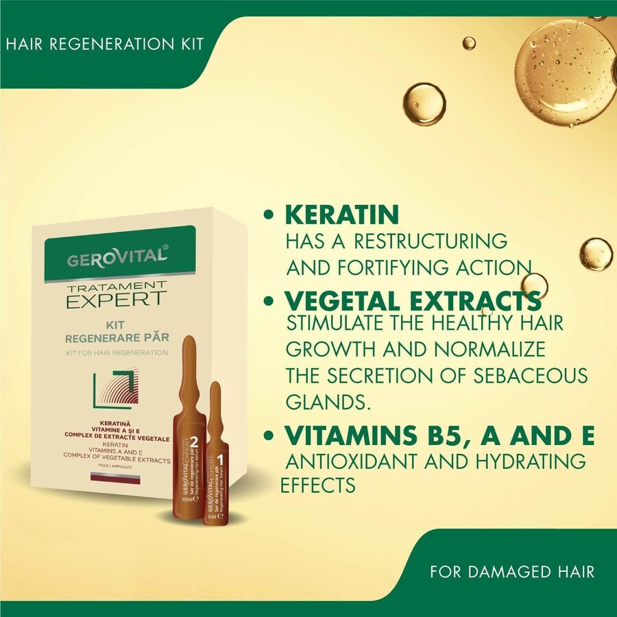 Kit Rigenerazione Capelli - Fiale, Gerovital Tratament Expert, 10 fiale x 5 ml / 10 fiale x 10 ml, Farmec