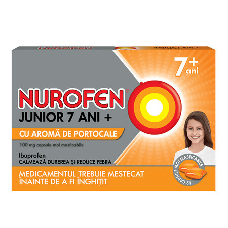 Nurofen Junior 7 years+ 100 mg with orange flavour, 12 capsules, Reckitt Benckiser