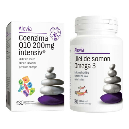 Confezione Coenzima Q10 200 mg intensivo, 30 compresse + Olio di Salmone Omega 3, 30 capsule, Alevia