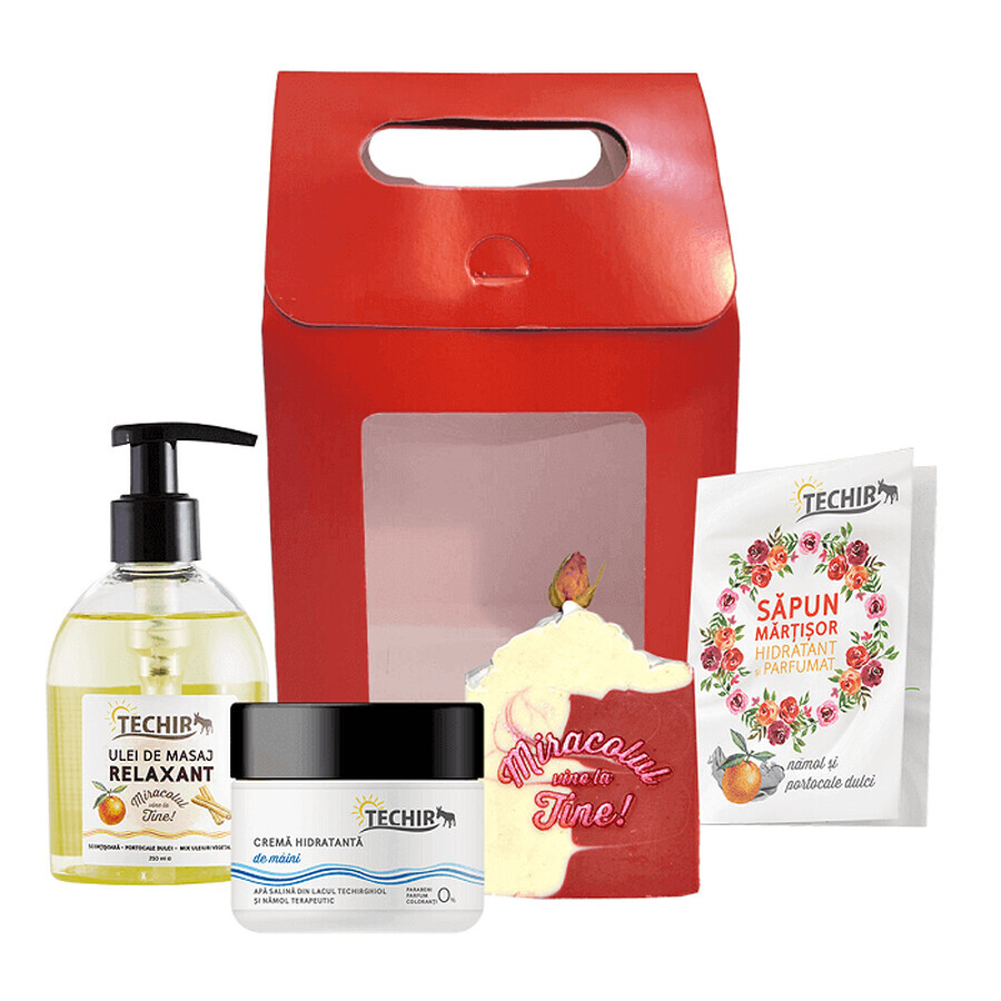 Confezione Martisor Sapone idratante all'arancia, 120 g + Olio da massaggio rilassante, 250 ml + Crema mani idratante, 50 g, Techir