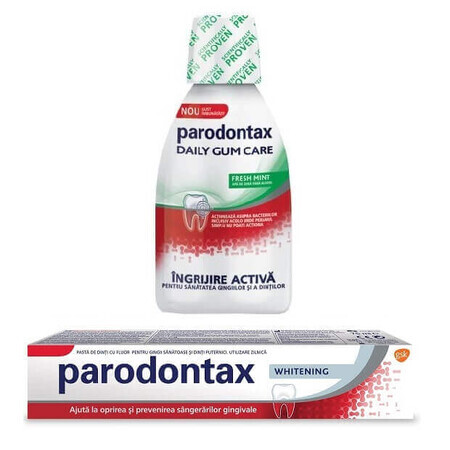 Confezione Dentifricio Sbiancante Parodontax, 75 ml + Collutorio Senza Alcool Daily Gum Care Menta Fresca Parodontax, 300 ml, Gsk