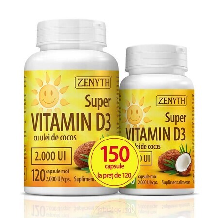 Confezione Super Vitamina D3 con olio di cocco 2000UI, 120 + 30 capsule, Zenyth