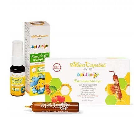 Confezione Tonico Immunitario Bambini ApiJunior, 20 fiale + Spray Gola ApiJunior Propoli, 20 ml, Albina Carpatina