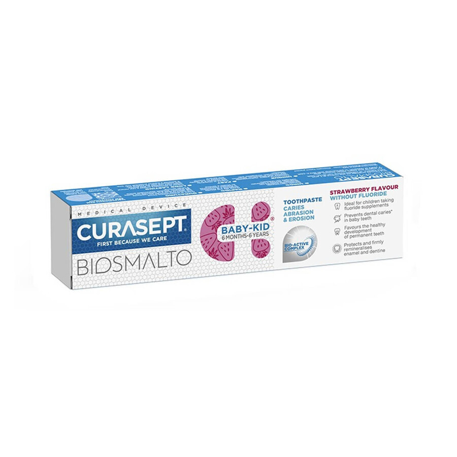 Fluoride toothpaste with strawberry flavour lightly mint 6 months - 6 years Biosmalto Baby-Kid, 50 ml, Curasept