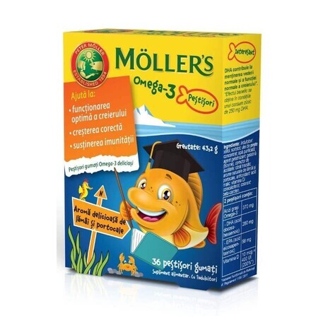 Omega-3 gummy fish with lemon and orange flavour, 36 jellies, Moller's