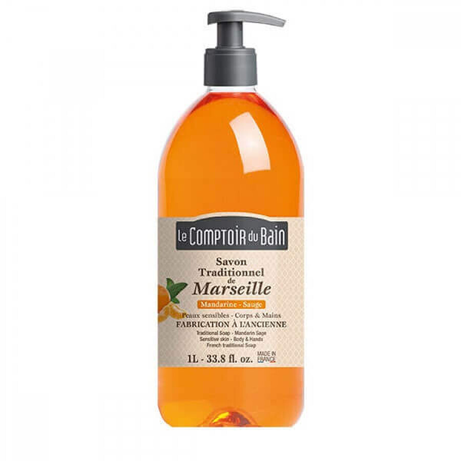 Savon de Marseille traditionnel au parfum de mandarine et de sauge, 1000 ml, Le Comptoir du Bain